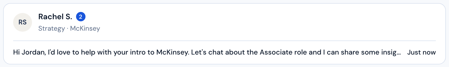 Active connection with Rachel at McKinsey and message preview